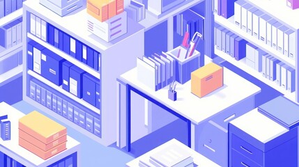 Fototapeta premium An isometric view of a messy office with piles of paperwork, boxes, and folders.