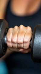 Close up of a woman's hand lifting a dumbbell during a workout.
