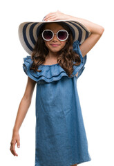 Brunette hispanic girl wearing sunglasses and summer hat stressed with hand on head, shocked with shame and surprise face, angry and frustrated. Fear and upset for mistake.