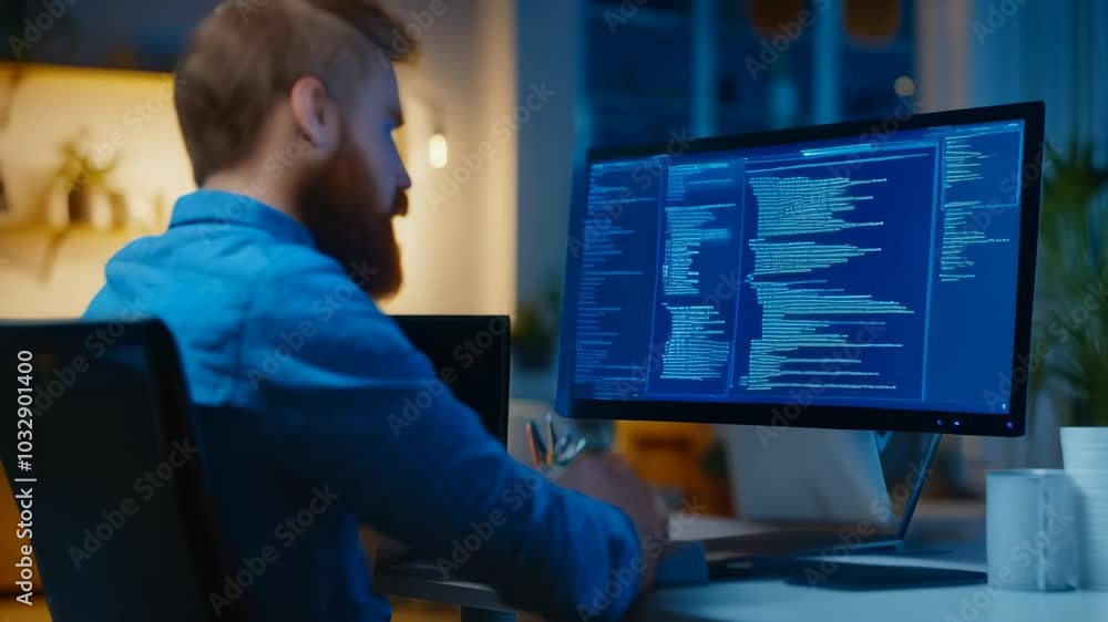 Poster Software developer deeply focused on coding late at night in his home office, surrounded by technology tools, showcasing his expertise in software engineering and web development
