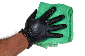 hand with black latex glove holding fabric towel doing cleaning remove dirt isolated on white transparent background