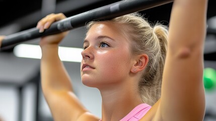 Young woman doing a pull-up exercise at the gym.
