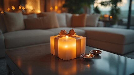 Cozy Living Room with Gift Box, Lit Candles, and Floral Decoration on Wooden Coffee Table, Creating a Warm and Inviting Atmosphere for Celebration or Special Occasion