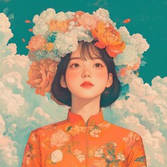 A young woman with a flower crown, looking up at the sky, with a soft, dreamy look on her face.