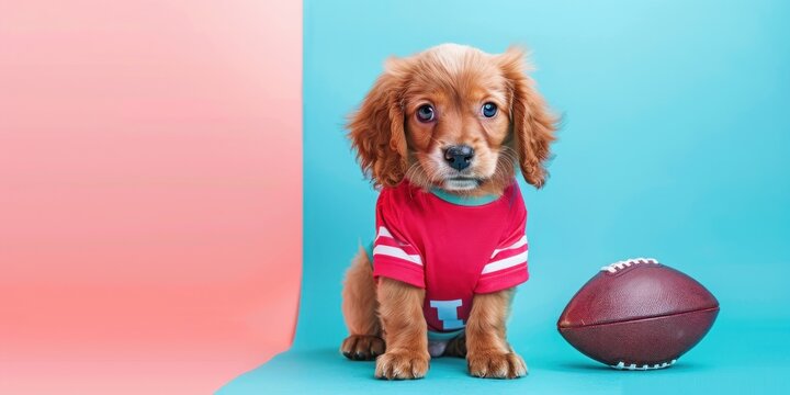 This adorable puppy is dressed in a bright football jersey sitting next to a football. The playful canine\'s charm shines against a soft pastel backdrop creating a delightful setting