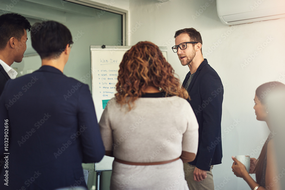 Aufkleber Employees, whiteboard and training in office with team, web development plan and project. Business people, collaboration and ideas for programming in meeting, workshop and solution for coding update