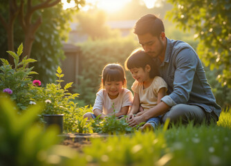 Asian family gardening together in backyard garden at sunset