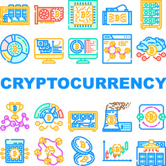 Obraz premium cryptocurrency mining wallet icons set vector. blockchain hashrate, gpu decentralized, consensus, proof, network, transaction cryptocurrency mining wallet color line illustrations