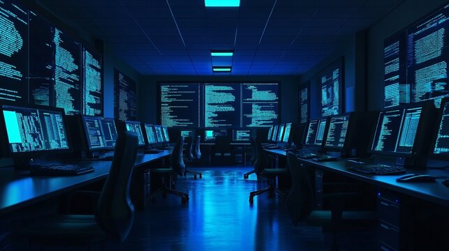 Futuristic cybersecurity operations center bathed in eerie blue light, rows of monitors display scrolling code, empty chairs await vigilant analysts.