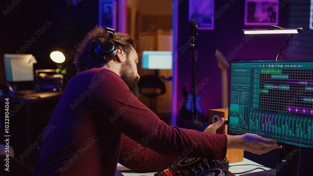Poster Audio engineer inserting an usb stick in the pc to record himself playing piano, mixing sounds and adjusting volume levels. Artist mastering audio recordings ready for release. Camera B.