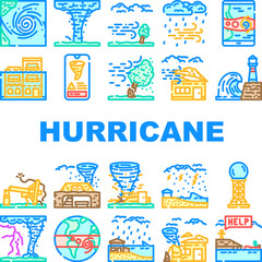 hurricane cyclone storm wind icons set vector. typhoon rain, surge flood, eye pressure, gust warning, watch, landfall damage hurricane cyclone storm wind color line illustrations