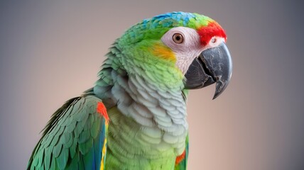 Obraz premium Green parrot with blue wings and red crest, facing the camera with a black beak.