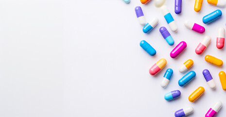 Multicolored capsules and pills on white background. Banner template of biological supplements, vitamin and medicines or health, beauty of skin and hair. Frame for backdrop, wallpaper copyspace.