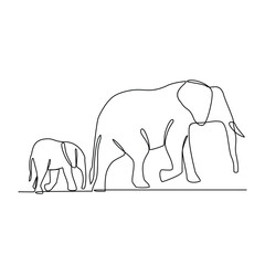 One continuous line drawing of people with elephant with their young vector illustration. Animal theme design in simple linear style vector concept. Animal design for educational presentation purpose.