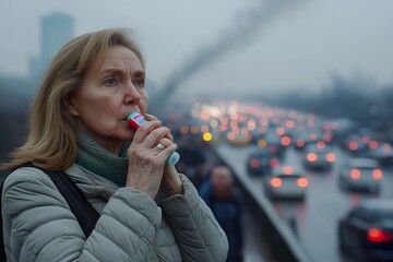 Woman using an inhaler while standing near busy traffic in the city