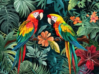 Tropical rainforest scene with vibrant parrots, detailed botanical elements