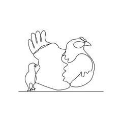 One continuous line drawing of people with chicken with their young vector illustration. Animal themes design in simple linear style vector concept. Animal design for educational presentation purpose.