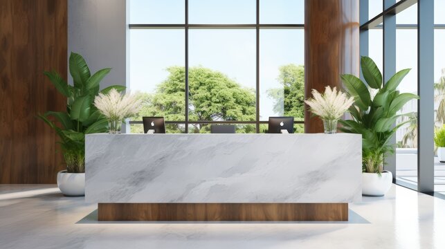 A front desk with white top and wood wall paneling in an office space, the back of one green living plant