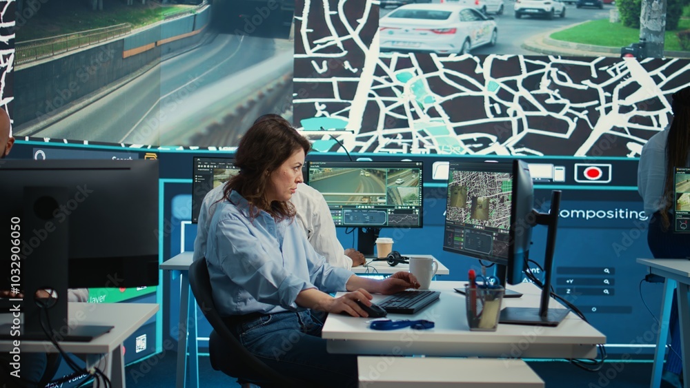 Aufkleber employee navigating on satellite radar and map to search for routes, helping courier to avoid traffi