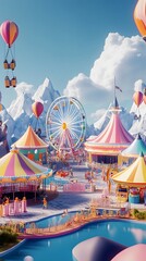 73. A lively 3D triangle carnival with rides, games, and colorful tents