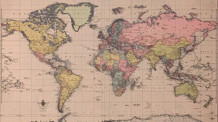 Vintage world map with colored continents and grid lines.