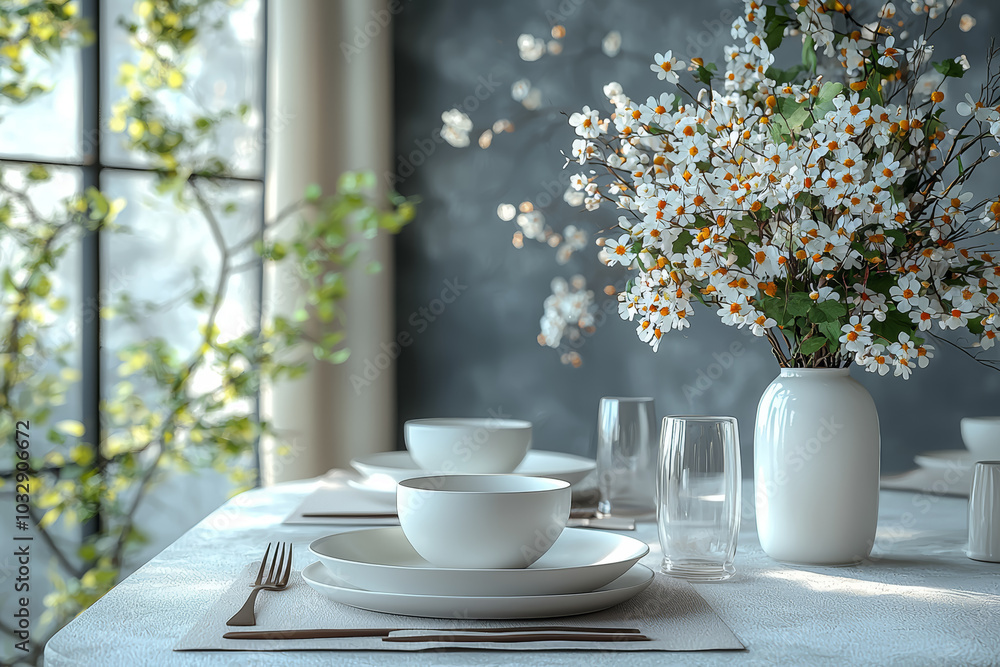 Poster a minimalist dining table set with only the necessary utensils and a simple centerpiece, creating a 