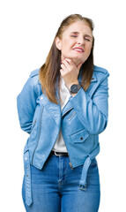 Beautiful middle age mature woman wearing fashion leather jacket over isolated background Touching painful neck, sore throat for flu, clod and infection