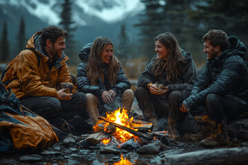 Fototapeta premium A group of friends gathering around a campfire, telling stories and laughing, celebrating their friendship in the glow of the fire. Concept of friendship.