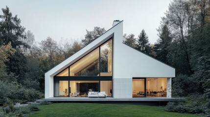A large white house with a black roof and a large window
