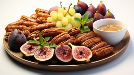 A wooden platter with figs, grapes, pecans, and honey.