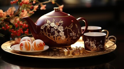 Fototapeta premium A traditional Chinese teapot and teacups with delicate floral patterns and a plate of sweets, arranged on a golden serving tray.