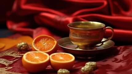 Fototapeta premium A vintage gold teacup and saucer sits on a red cloth with three halved oranges and gold-wrapped candies.