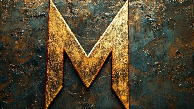 A golden letter M is etched into a textured, dark metal surface