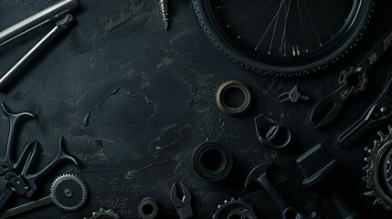 Black Bicycle Parts and Tools on Dark Background