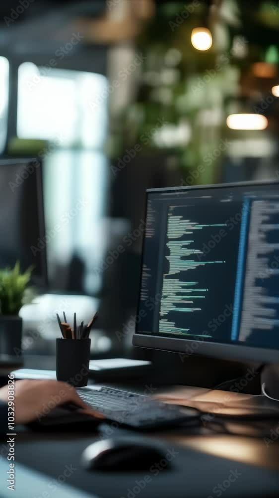 Aufkleber Software developer is working on a computer in a modern office, writing code for a new project. The image evokes the world of technology and innovation