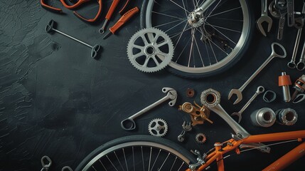 Fototapeta premium Scattered Bike Parts and Tools on Black Background