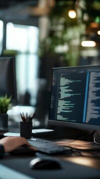 Software developer is working on a computer in a modern office, writing code for a new project. The image evokes the world of technology and innovation