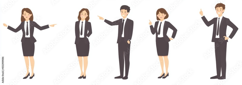 Poster a group of young business people standing and pointing to the side with open arms, isolated on a whi