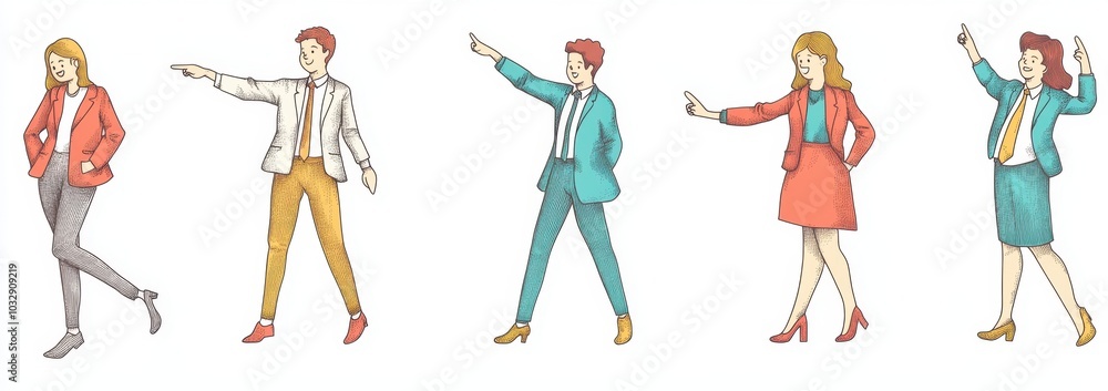 Poster set of happy office people standing and pointing to the side with open arms on a white background, i