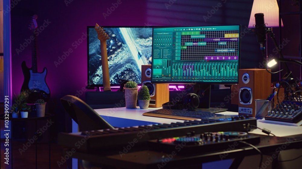 Poster empty space used for producing music and sounds with electronic devices, acoustics instruments and s