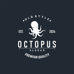 Octopus Logo, Old Retro Vintage Design Ocean Animal Vector Tentacle Illustration Template