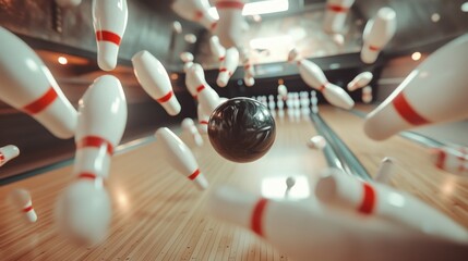 Naklejka premium Bowling Strike with Black Ball and Flying Pins