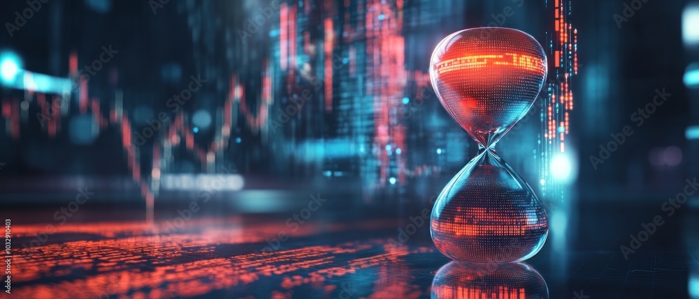 Poster futuristic hourglass with digital data integration symbolizes the convergence of technology and time