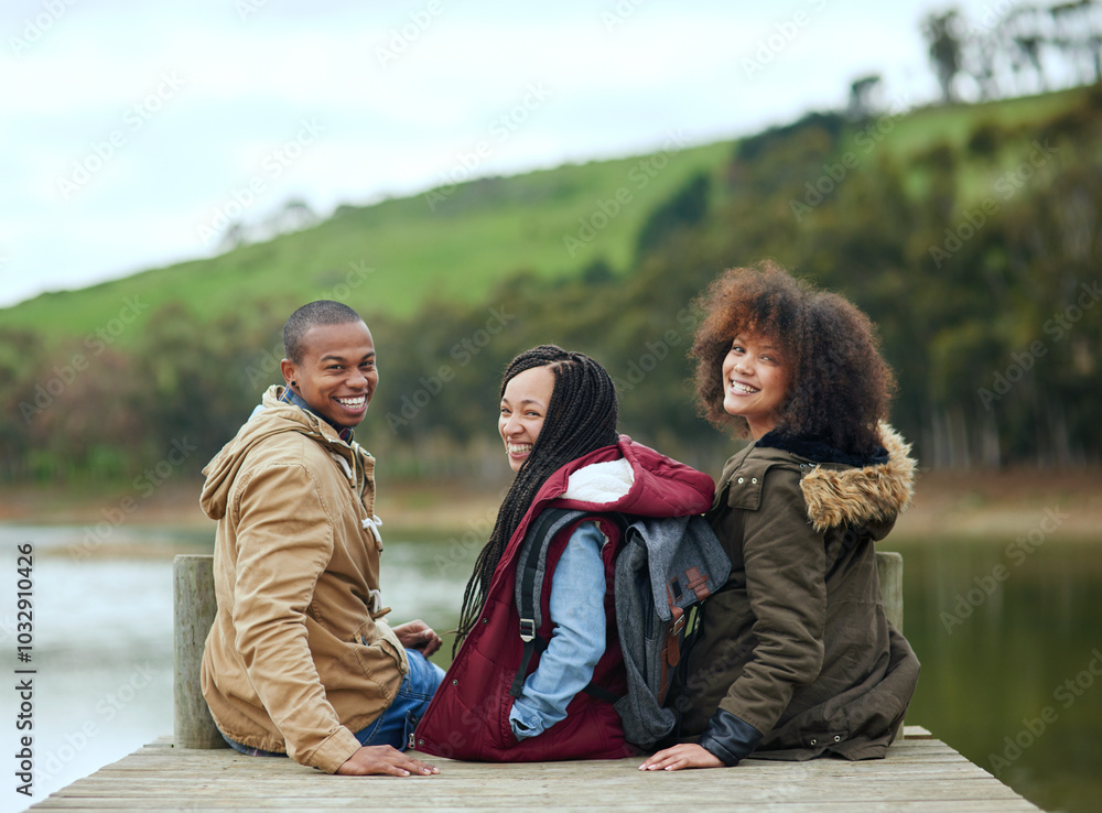 Poster Portrait, lake and friends with smile, vacation and relax with adventure, nature and travel. Face, sitting on pier and people with water, holiday and journey with happiness, bonding together and calm