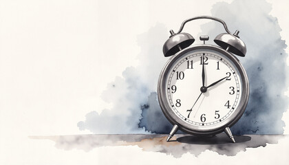 Alarm clock on a soft watercolor background, serene mood, symbolizing the passage of time, copy space