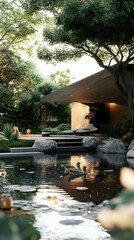 Naklejka premium 130. A serene 3D triangle garden with a small pond and ducks swimming peacefully