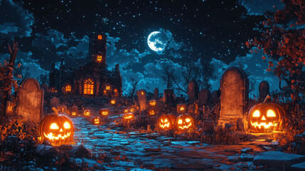 gravestones in cemetery, glowing pumpkin lanterns, jack o lantern, halloween, cartoon illustration, october 31, grave, death, horror, scary background, all saints day, day of the dead