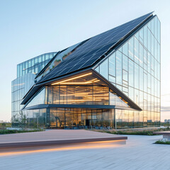 Obraz premium Evening view of futuristic glass office building with solar panels, highlighting energy-efficient design and innovative architecture under warm ambient lighting | AI Created