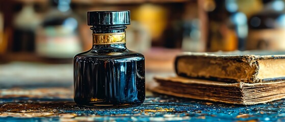 Detailed shot of a vintage ink bottle, glass imperfections highlighted