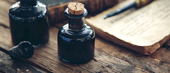 Detailed shot of a vintage ink bottle, glass imperfections highlighted